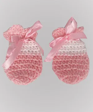 Knits & Knots Ribbon Decorated Crochet Mittens - Pink & White