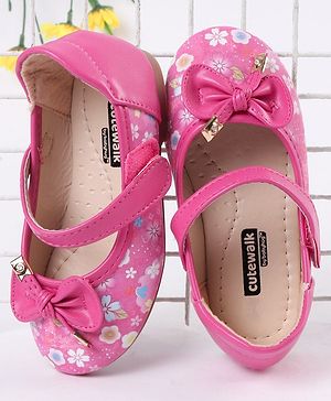 Cute Walk by Babyhug Party Wear Belly Shoes Bow Motifs  Floral Print - Dark Pink