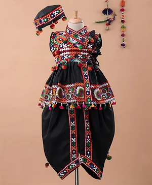 Bownbee Embroidered Sleeveless Kedia & Dhoti Set With Cap - Black