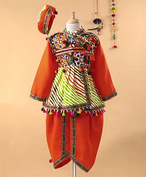 Bownbee Motif Embroidered Full Sleeves Kurta With Dhoti & Cap - Orange