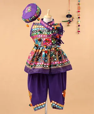 Bownbee Sleeveless Mirror Work Kedia Dhoti Set With Cap - Purple