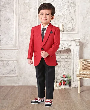 Robo Fry Full Sleeves 4 Piece Party Wear Suit With Tie - Red (Brooch Design May Vary)