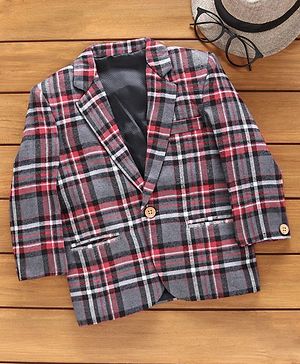 Babyhug Full Sleeves Checked Blazer With Three Pockets - Grey