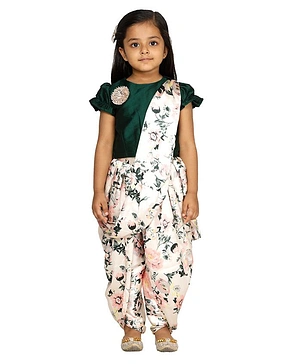 Lilpicks Couture Short Sleeves Top With Flower Printed Saree Style Dhoti  - Green