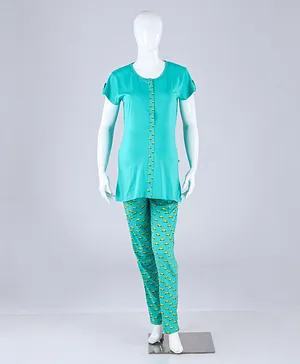 Kriti Half Sleeves Maternity Nursing Night Suit Car Print - Turquoise Green