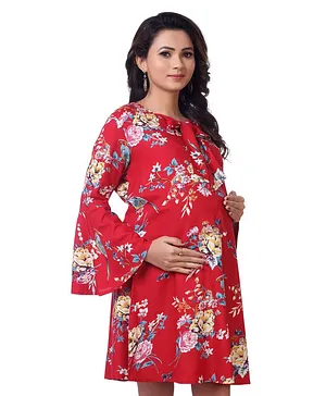 Kriti Full Sleeves Floral Printed Maternity Dress - Red