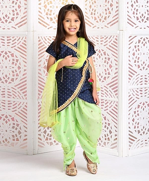 Saka Designs Short Sleeves Asymmetrical Kurt And Dhoti Pants With Dupatta - Navy Blue Green