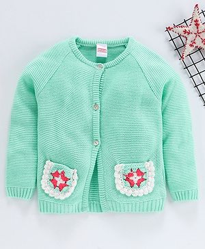 Babyhug Full Sleeves Front Open Sweater With Pockets - Light Green