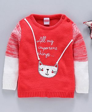 Babyhug Full Sleeves Sweater Kitty Patch - Coral White