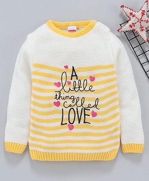 Babyhug Full Sleeves Stripe Sweater Text & Heart Embroidery - White Yellow