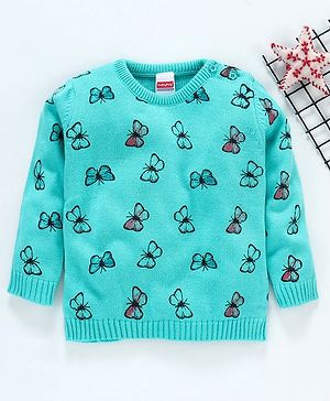 Babyhug Full Sleeves Sweater Butterfly Print - Light Green