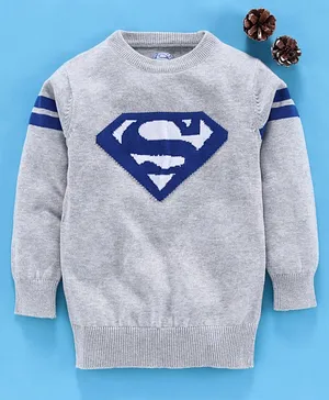 Mom's Love Full Sleeves  Pullover Sweater Superman Design - Grey