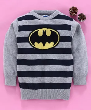 Mom's Love Full Sleeves Striped Pullover Sweater Batman Design - Grey