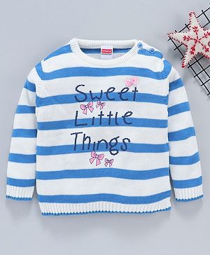 Babyhug Full Sleeves Striped Sweater Sweet Little Things Print - White Blue