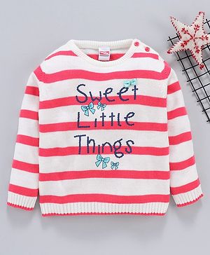 Babyhug Full Sleeves Striped Sweater Sweet Little Things Print - White Pink
