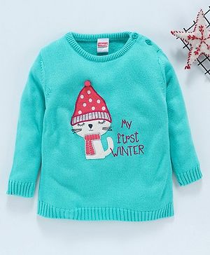 Babyhug Full Sleeves Sweater Kitty Embroidered - Light Green