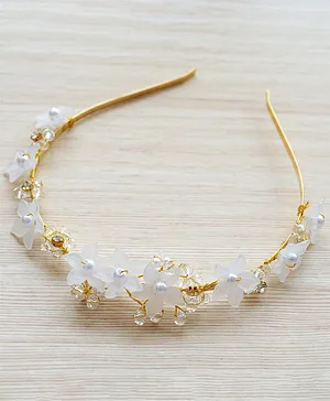 Pretty Ponytails Crystal Beads Pearl Gold Flower Hair Vine Hair Band - White & Gold