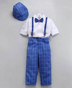 Jeet Ethnics Full Sleeves Shirt With Bow & Checked Suspender Pants With Cap - Blue & White