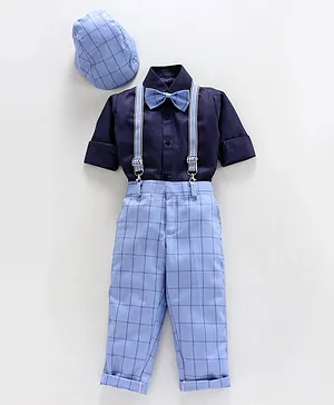Jeet Ethnics Full Sleeves Shirt With Bow & Checked Suspender Pants With Cap - Blue