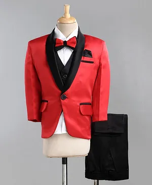 Jeet Ethnics Full Sleeves Solid Four Piece Party Suit With Bow Tie - Red