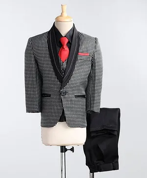Jeet Ethnics Full Sleeves Checked Pattern Four Piece Party Suit With Tie - Black