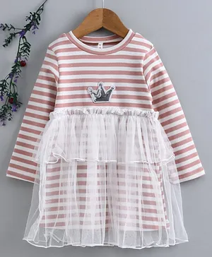 Lekeer Kids Full Sleeves Striped Party Frock With Net Overlay - Pink White