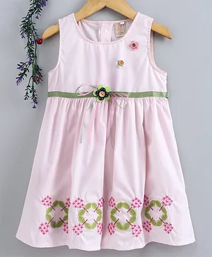 Smile Rabbit Sleeveless Floral Embroidered Frock - Light Pink