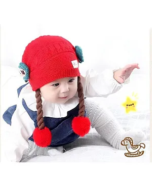Ziory Winter Wigs Bow Knitted Beanie Cap - Red