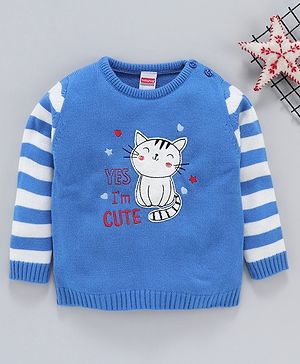 Babyhug Full Sleeves Sweater Kitty Embroidered - Blue