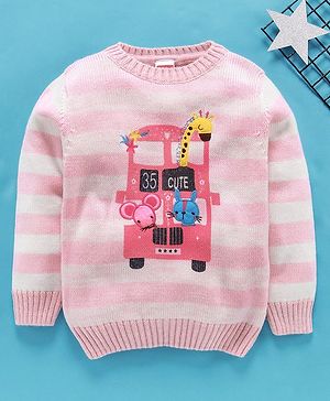 Babyhug Full Sleeves Striped Sweater Animal Patch - Pink