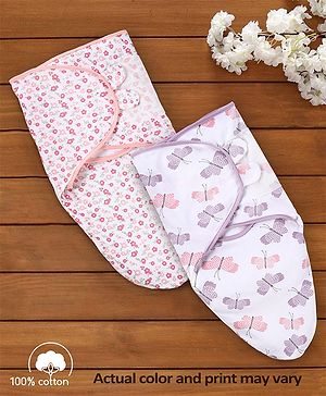 Babyhug 100% Cotton Swaddle Wrapper Butterfly & Flower Print Set of 2 - Pink & White