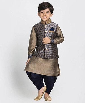Vastramay Full Sleeves Kurta With Dhoti & Motif Print Jacket - Blue