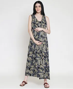 FASHIONABLY PREGNANT Leaves Printed Sleeveless Maternity Maxi Dress - Black