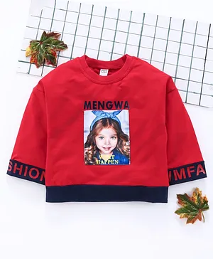 Meng Wa Full Sleeves Tee Graphic Girl Print - Red