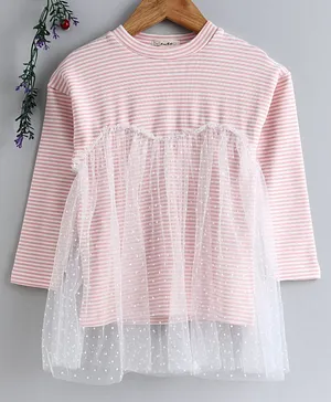 Lekeer Kids Full Sleeves Striped Frock With Net Overlay - Pink