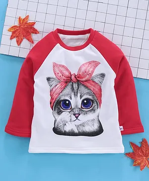 Lekeer Kids Full Sleeves Raglan Tee Kitty Print - Red White