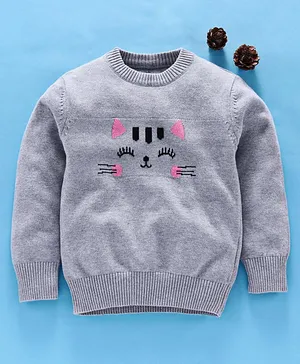 Mom's Love Full Sleeves Pullover Sweater Kitty Face Print - Grey