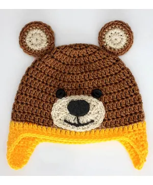 Love Crochet Art Bear Pattern Beanie - Brown & Yellow