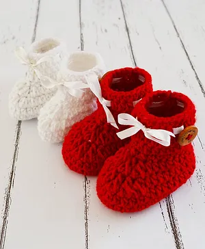Love Crochet Art Ribbon Detailed Combo Of 2 Booties - Red & White