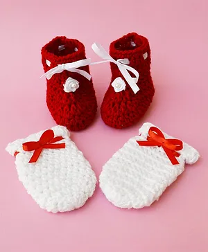 Love Crochet Art Rose Detailed Booties With Mittens - Red & White