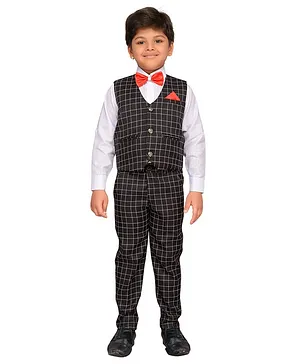 AJ Dezines Full Sleeves Bow Attached Checked Three Piece Suit - Black