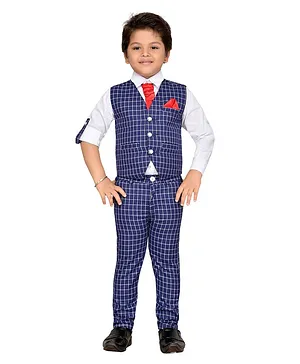 AJ Dezines Full Sleeves Checked Three Piece Party Suit With Tie - Blue