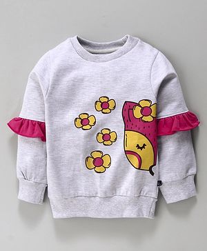 Kiddopanti Cartoon Print Frill Detailed Full Sleeves Sweatshirt - Grey