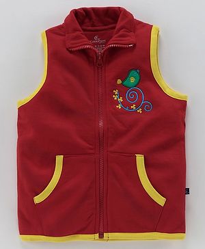 Kiddopanti Sleeveless High Neck Fleece Front Open Jacket with Bird Emboridery - Red