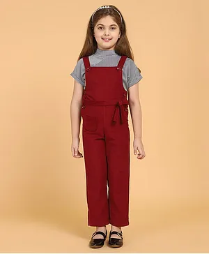 Piccolo Striped Half Sleeves Tee With Dungaree - Maroon
