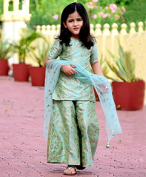 Piccolo All Over Golden Leaves Printed Half Sleeves Kurta With Palazzo & Net Dupatta - Light Green