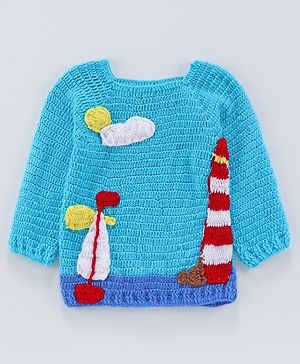 USHA ENTERPRISES Boat Crochet Handmade Full Sleeves Sweater - Sky Blue