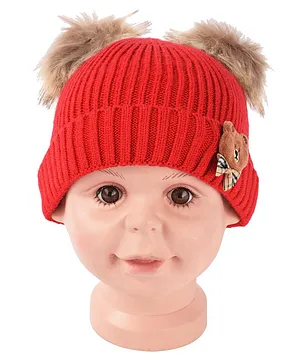 Yellow Bee Pom Pom Hat With Bear And Bow Applique - Red