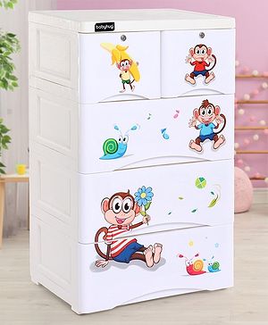 Babyhug 5 Compartment Chest of Drawers Monkey Print - White