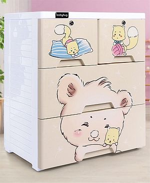 Babyhug 3 Layers High Density Plastic Storage Cabinet Teddy Print With Wheels - White